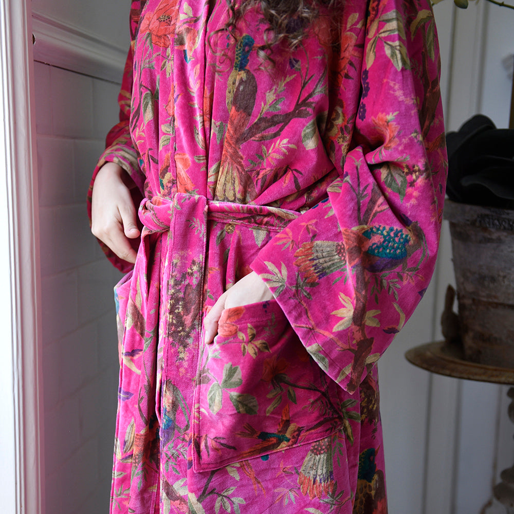 Velvet Hot Pink Bird Print Dressing Gown With Satin Lining