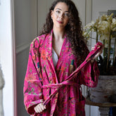 Velvet Hot Pink Bird Print Dressing Gown With Satin Lining