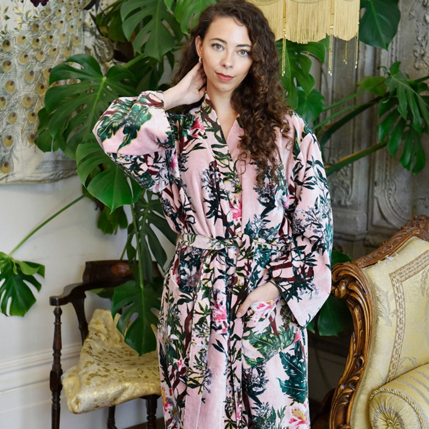Velvet Pink Stargazer Lily Print Dressing Gown With Satin Lining