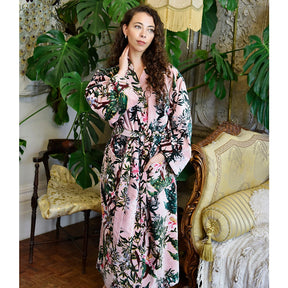 Velvet Pink Stargazer Lily Print Dressing Gown With Satin Lining