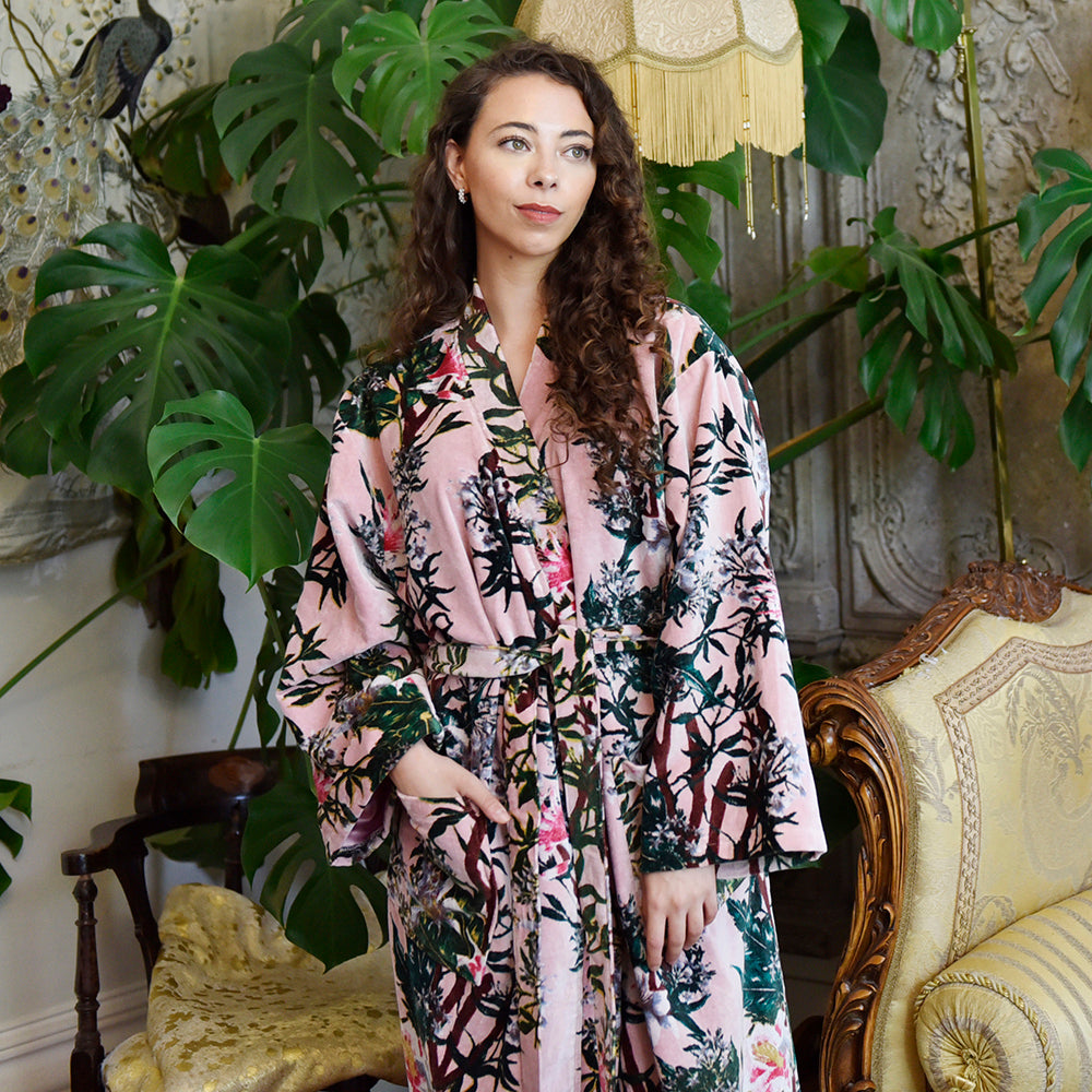 Velvet Pink Stargazer Lily Print Dressing Gown With Satin Lining