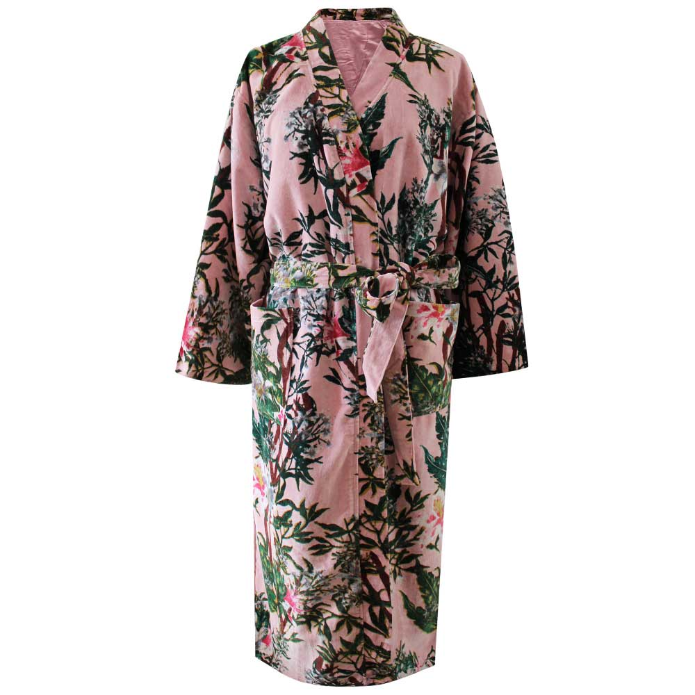 Velvet Pink Stargazer Lily Print Dressing Gown With Satin Lining Velvet Pink Stargazer Lily Print Dressing Gown With Satin Lining
