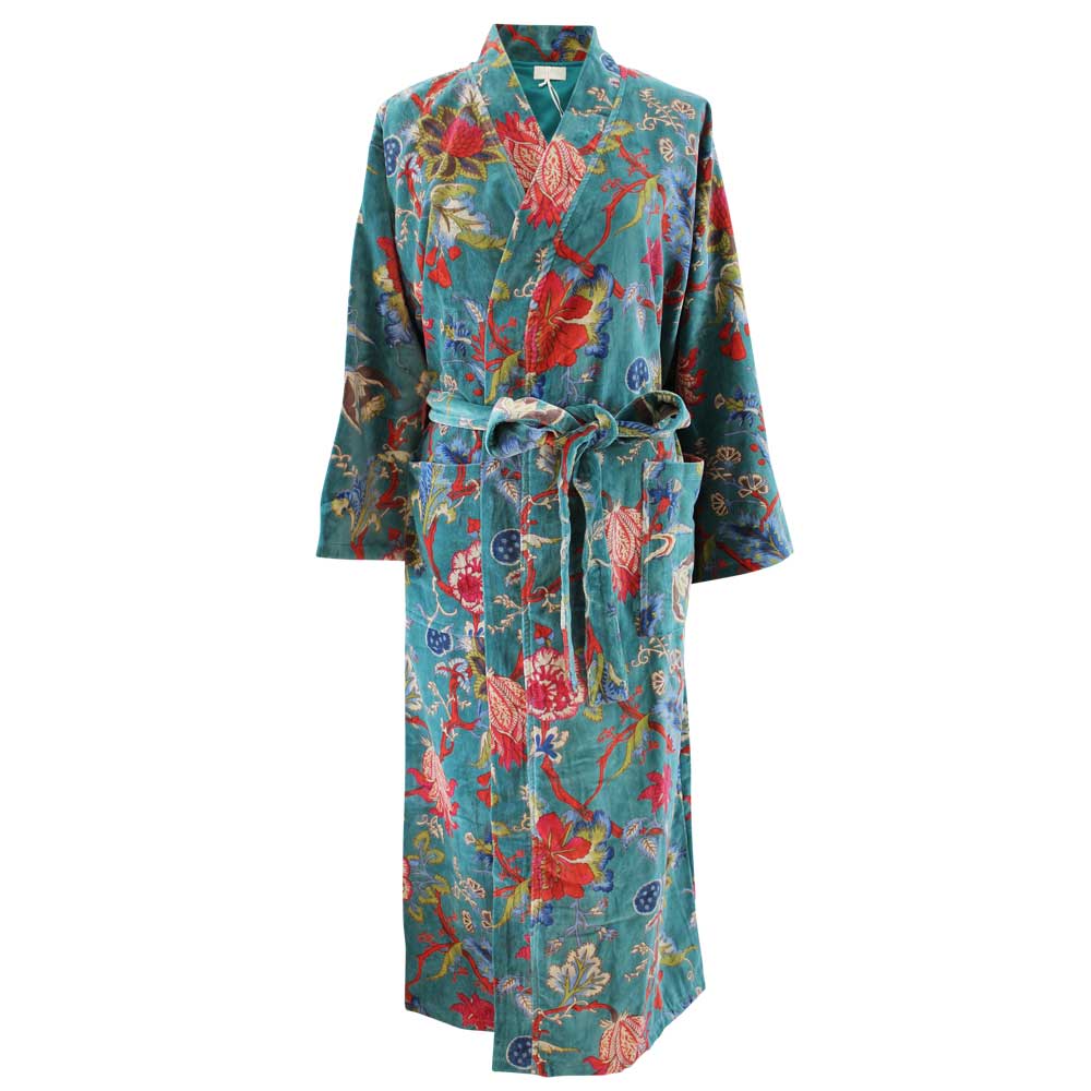 Velvet Teal Exotic Flower Dressing Gown With Satin Lining