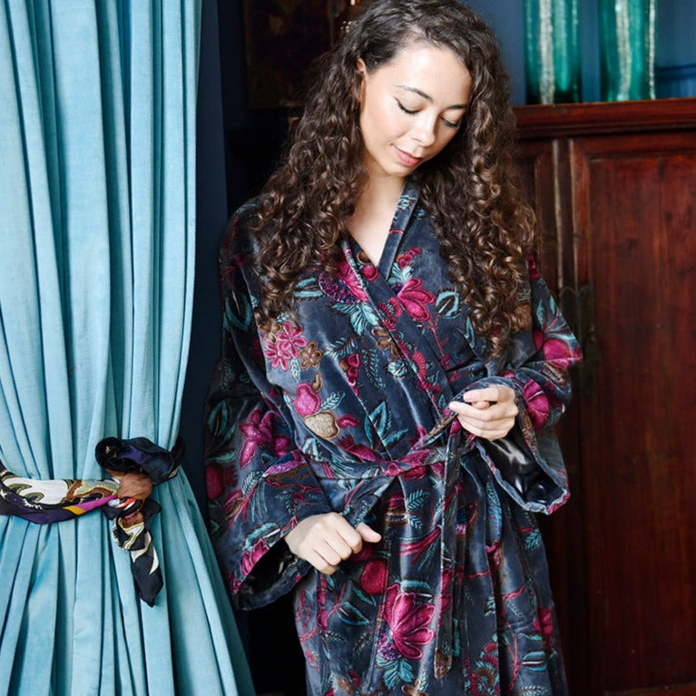 Velvet Grey Fruit Bird Print Dressing Gown With Satin Lining