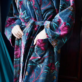 Velvet Grey Fruit Bird Print Dressing Gown With Satin Lining