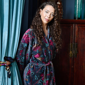 Velvet Grey Fruit Bird Print Dressing Gown With Satin Lining