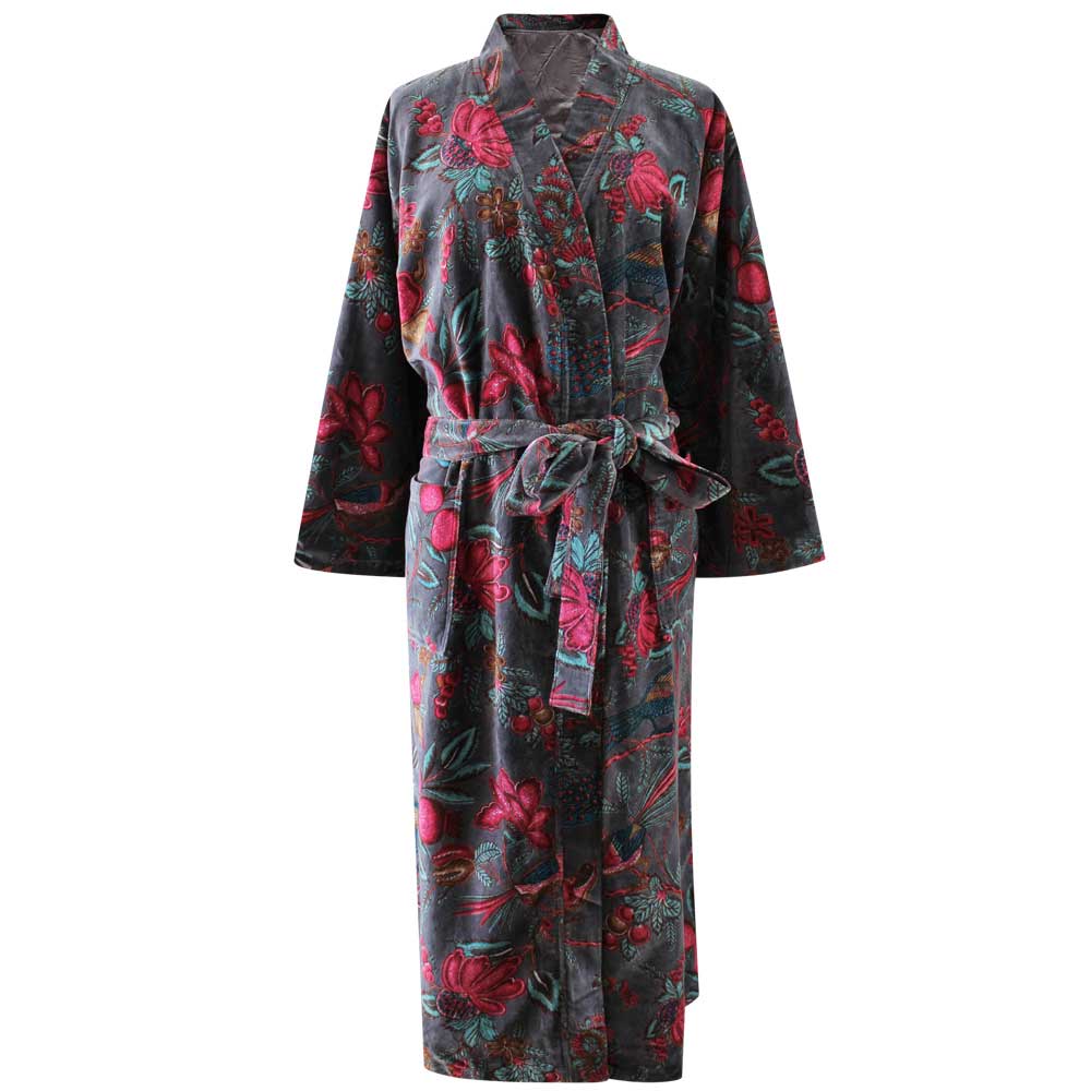 Velvet Grey Fruit Bird Print Dressing Gown With Satin Lining