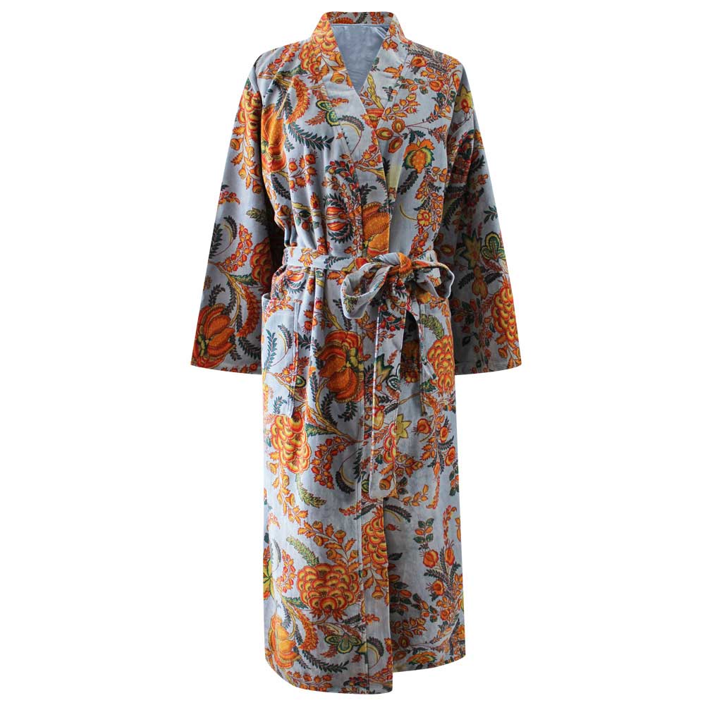 Velvet Grey, Coral & Mustard Print Dressing Gown With Satin Lining