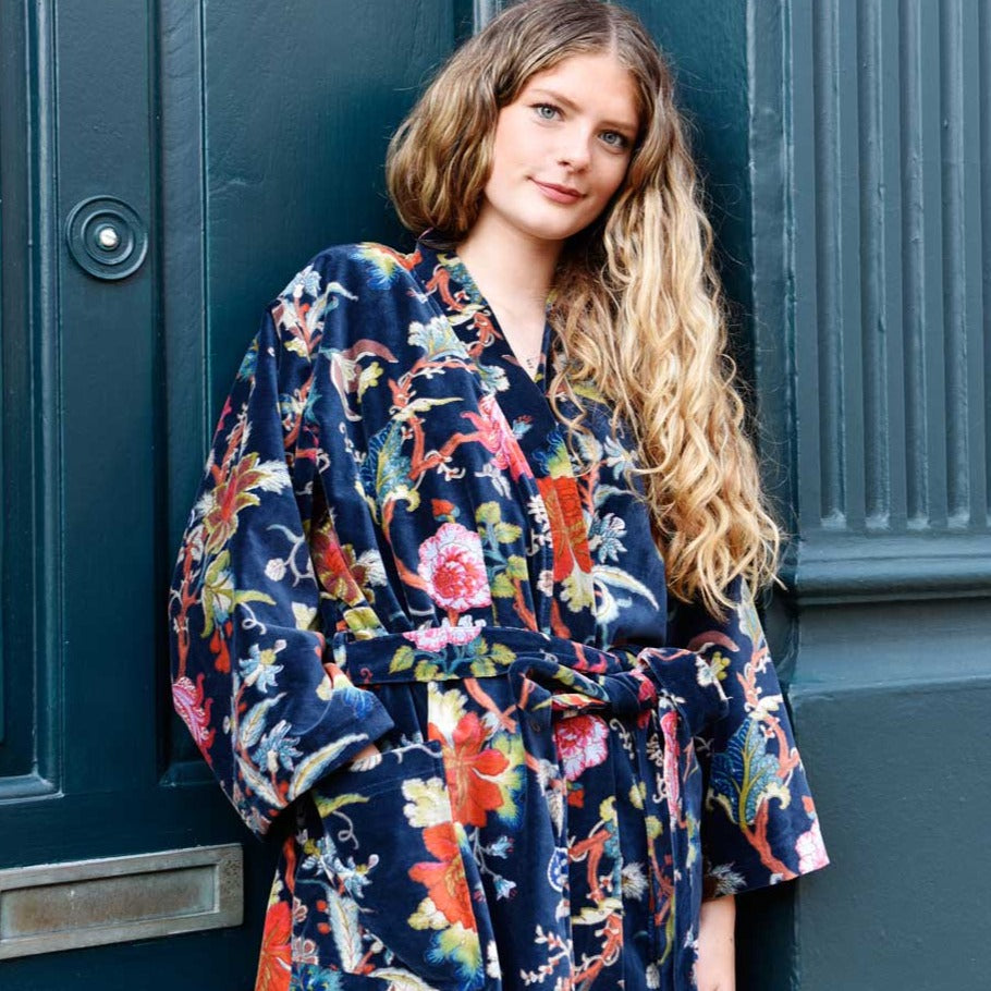 blue velvet dressing gown Men's Dressing Gown Smoking Jacket Robe Navy Blue Velvet | Gold Piped | Silk Lining