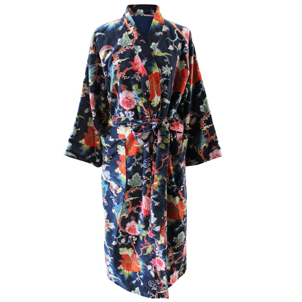 Velvet Dark Blue Exotic Flower Dressing Gown With Satin Lining Velvet Dark Blue Exotic Flower Dressing Gown With Satin Lining