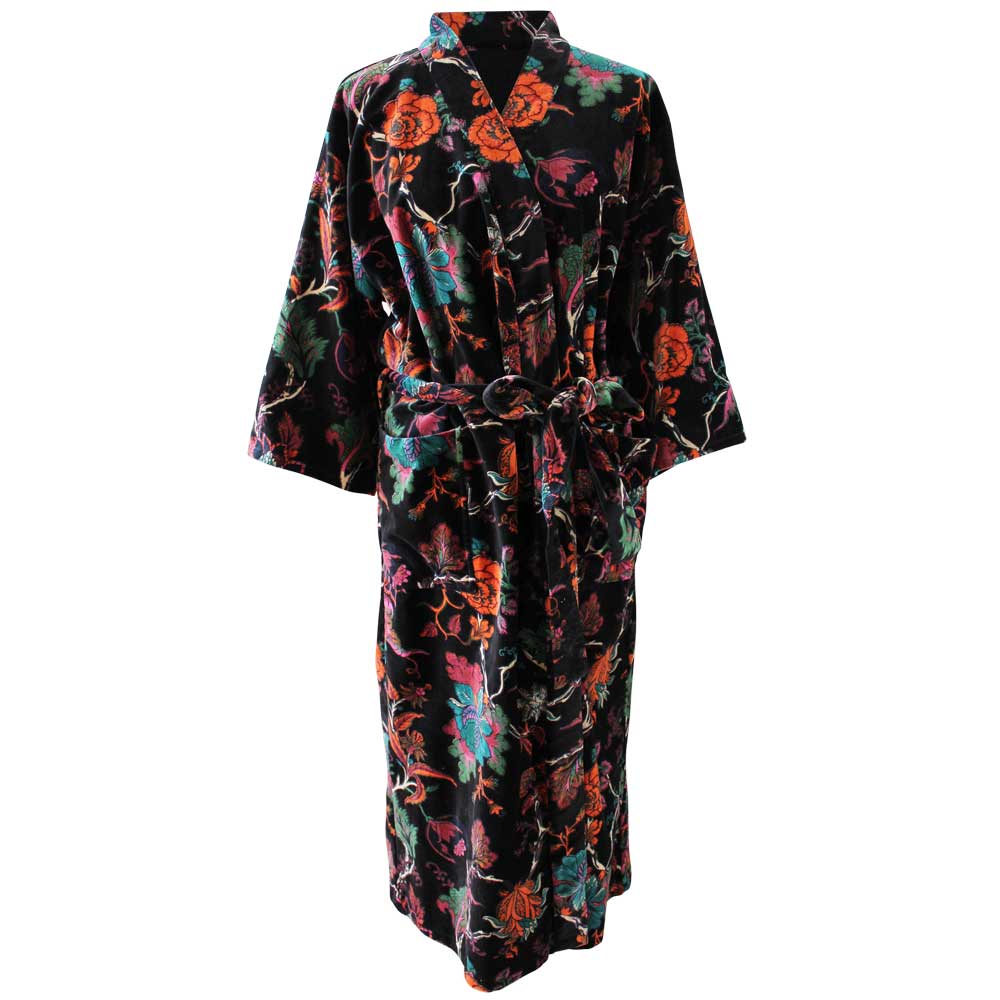 Velvet Black Exotic Flower Dressing Gown With Satin Lining