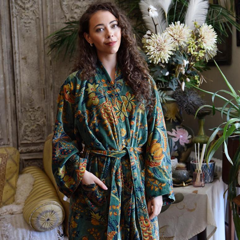 Velvet Green, Orange & Blue Floral Print Dressing Gown With Satin Lining