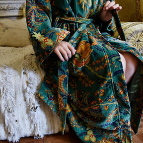 Velvet Green, Orange & Blue Floral Print Dressing Gown With Satin Lining