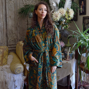 Velvet Green, Orange & Blue Floral Print Dressing Gown With Satin Lining