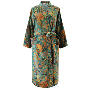 Velvet Green, Orange & Blue Floral Print Dressing Gown With Satin Lining