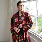 Velvet Burgundy Floral Print Dressing Gown With Satin Lining
