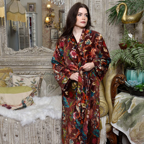 Velvet Burgundy Floral Print Dressing Gown With Satin Lining