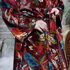 Velvet Burgundy Floral Print Dressing Gown With Satin Lining