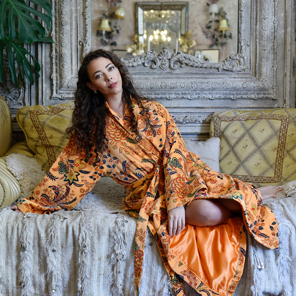 Velvet Orange, Blue & Yellow Floral Print Dressing Gown With Satin Lining