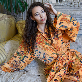 Velvet Orange, Blue & Yellow Floral Print Dressing Gown With Satin Lining