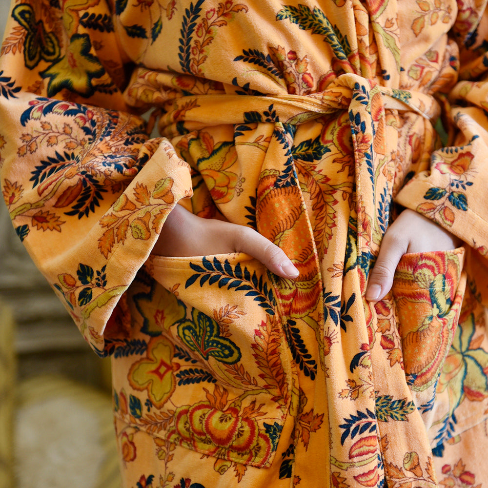 Velvet Orange, Blue & Yellow Floral Print Dressing Gown With Satin Lining