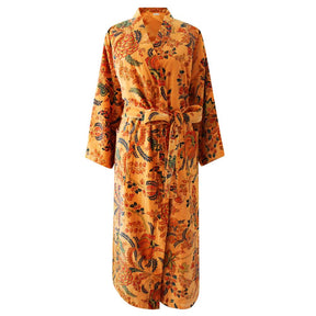 Velvet Orange, Blue & Yellow Floral Print Dressing Gown With Satin Lining