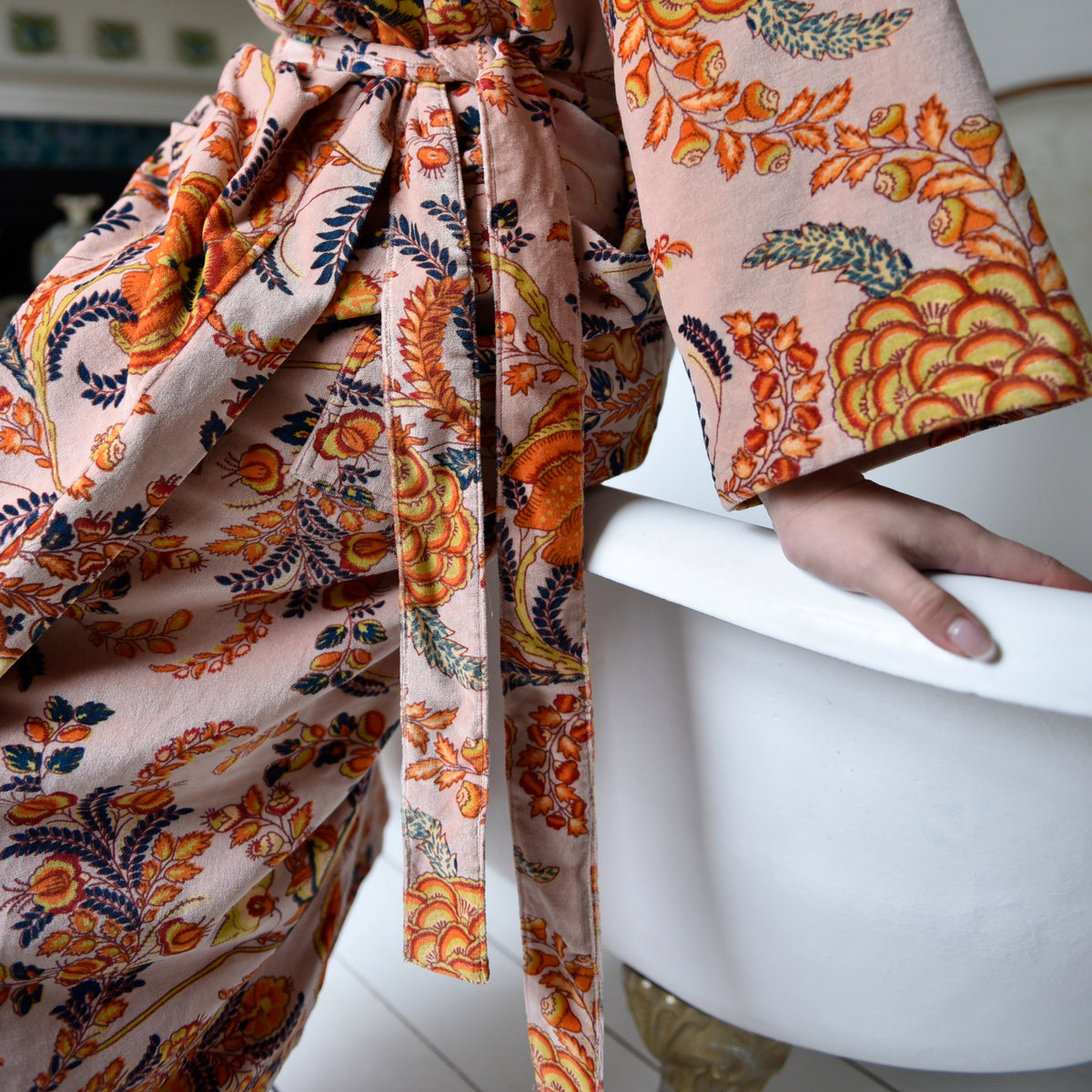 Soft Peach Floral Print Dressing Gown With Satin Lining