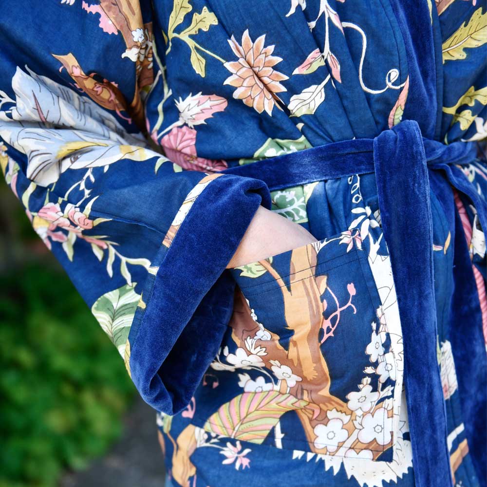 Dark Blue Velvet/Carnation Cotton Print Reversible Jacket