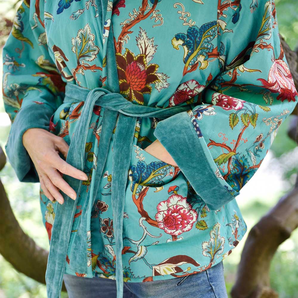 Teal Velvet/Teal Exotic Flower Cotton Print Reversible Jacket
