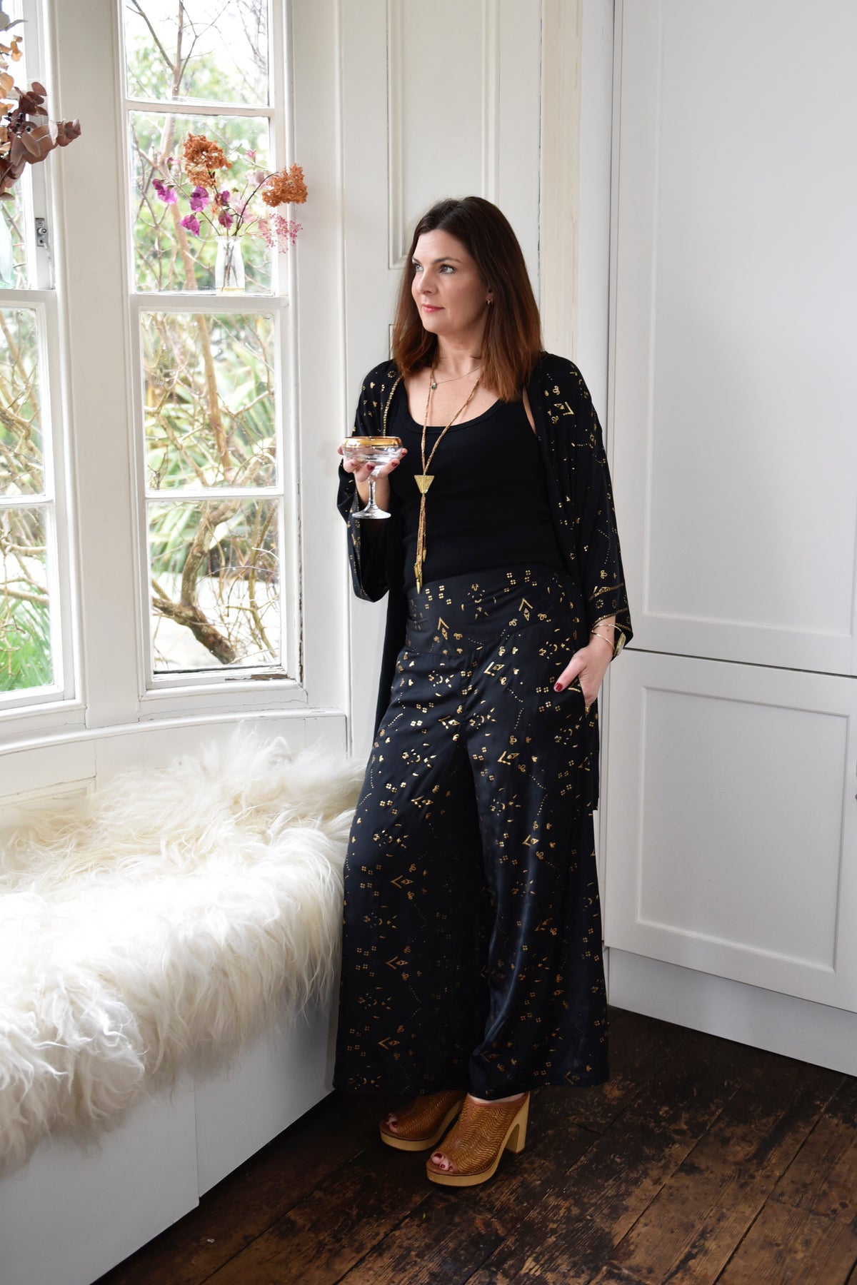 Ziggy, Black & Gold Small Geo Print Viscose Trousers