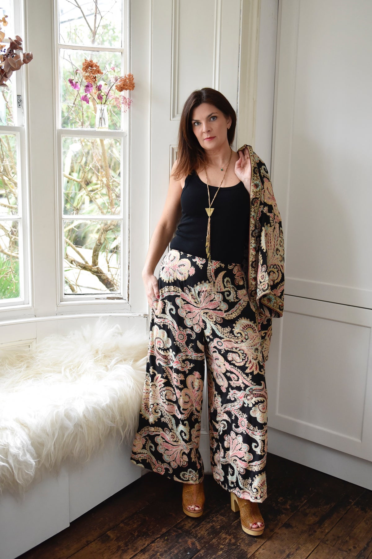 Black, Rose & Gold Baroque Floral Print Viscose Trousers
