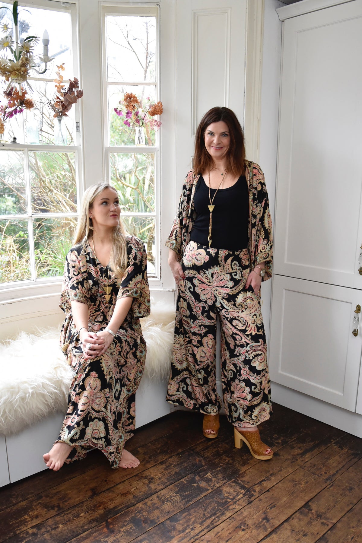 Black, Rose & Gold Baroque Floral Print Viscose Trousers