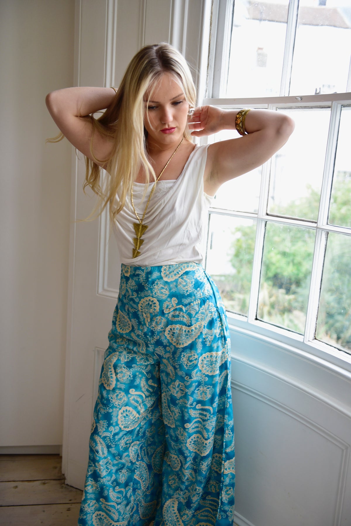 Ivy, Sea Green & White Paisley Print Viscose Trousers