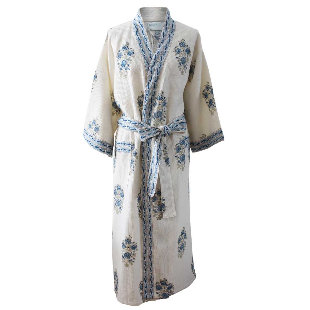 Blue & White Floral Waffle Dressing Gown