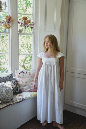 Maud, Capped Sleeve Swiss Dot Cotton Nightdress With Lace Panel