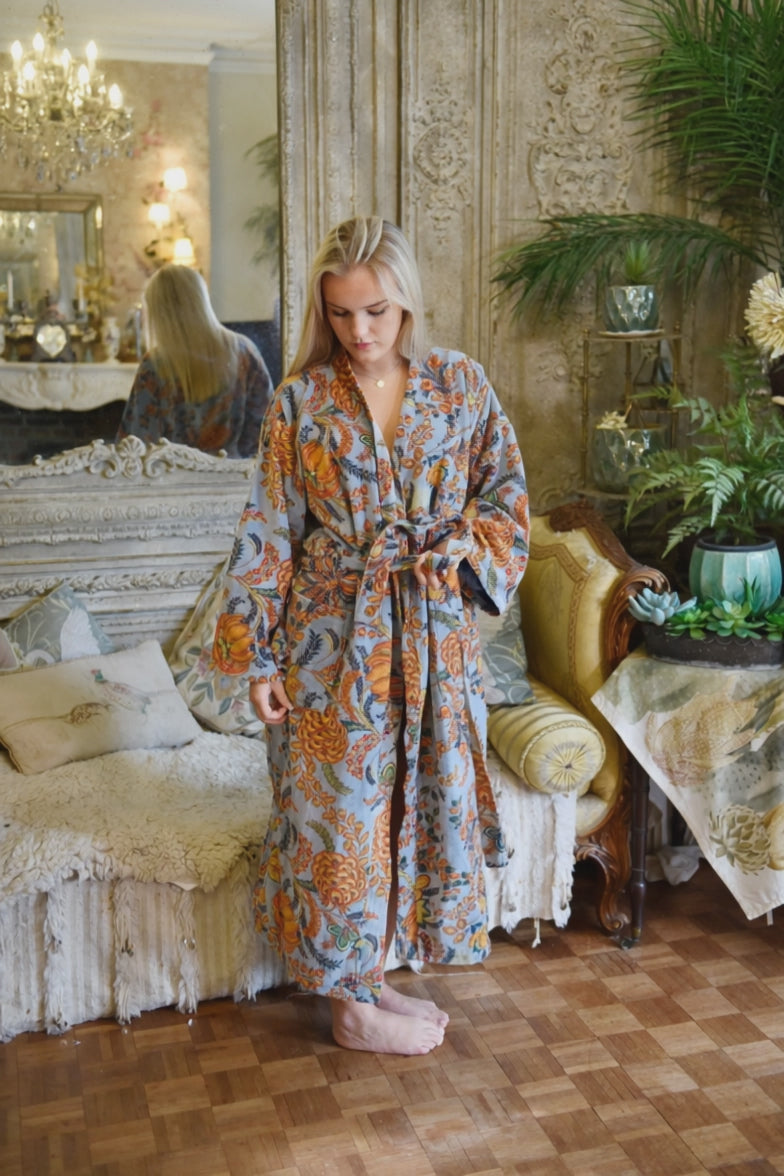 Velvet Grey, Coral & Mustard Print Dressing Gown With Satin Lining
