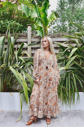 Danica, Cream, Terracotta & Gold Floral Viscose Long Sleeve Dress