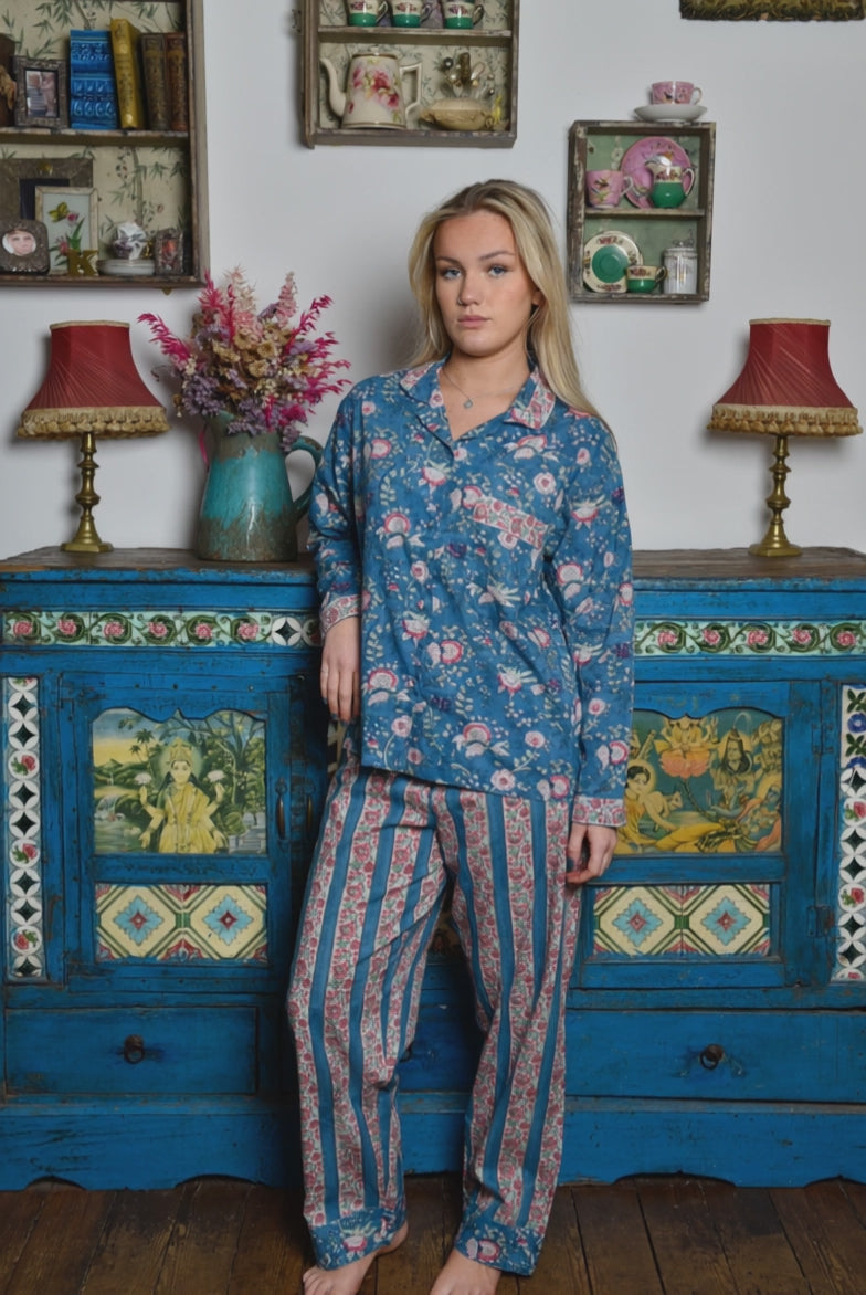 Inky Blue, Pink & Green Mixed Floral & Stripe Print Women’s Pyjamas