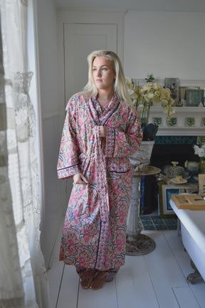Apricot, Navy & Persian Red Mixed Block Print Dressing Gown