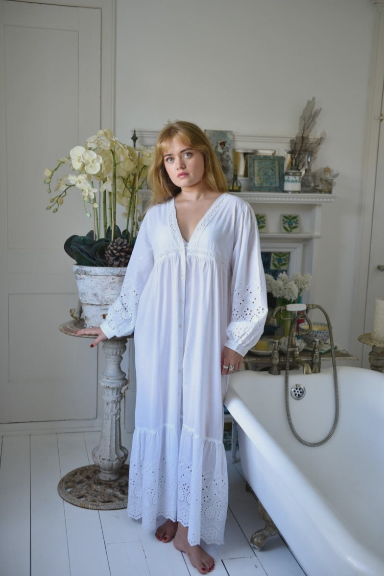 Clarissa, Embroidered, Long Sleeve , V Neck, Button Down Cotton Nightdress
