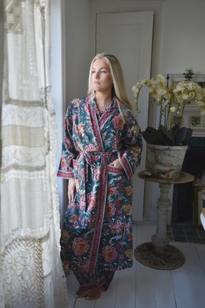 Pine Green, Red, Pink & Mustard Block Print Dressing Gown