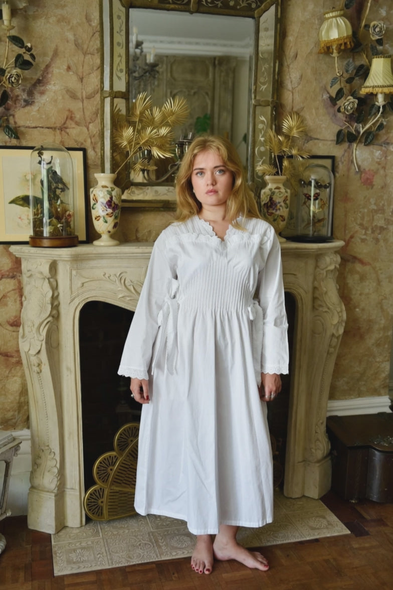 Virginia, Long Sleeve Sweet Heart Neck With Side Ties & Pin Tucking Cotton Nightdress