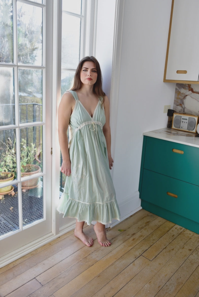 Joanna, Green Strappy Cotton Nightdress With Rose Embroidery