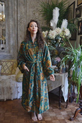 Velvet Green, Orange & Blue Floral Print Dressing Gown With Satin Lining