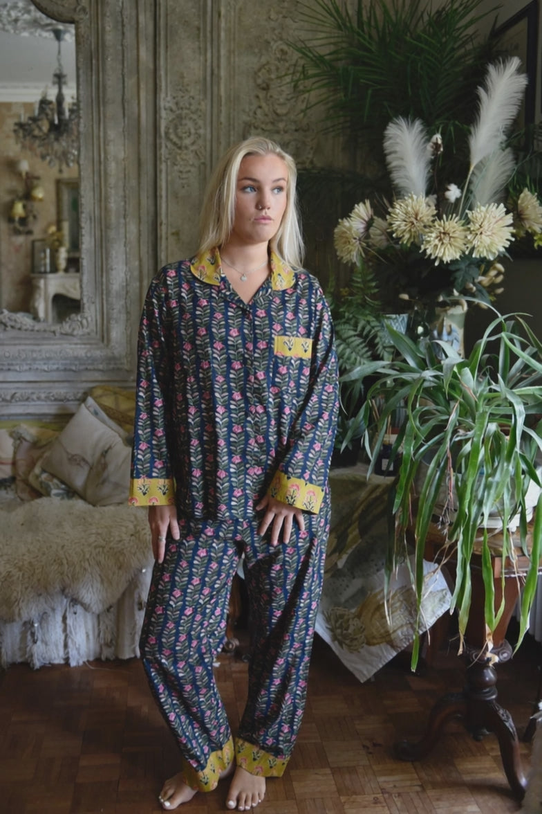 Navy Blue & Pink Lily Vertical Block Print Pyjamas