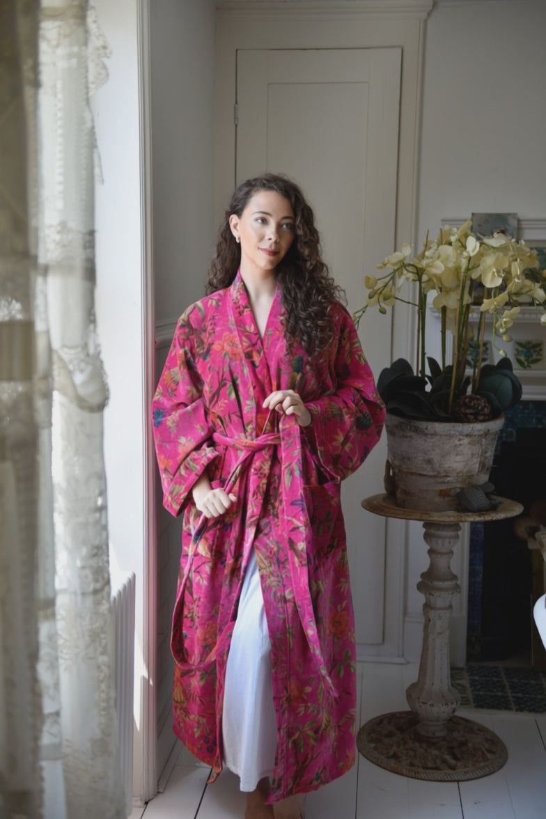Velvet Hot Pink Bird Print Dressing Gown With Satin Lining