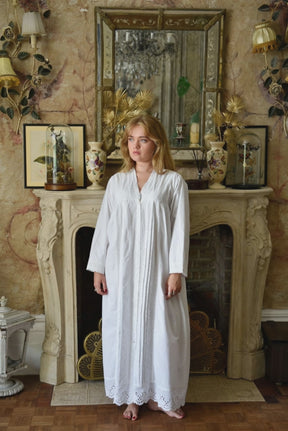 Claudia, Long Sleeve Housecoat, Embroidered Hem & V Neck Cotton Nightdress

