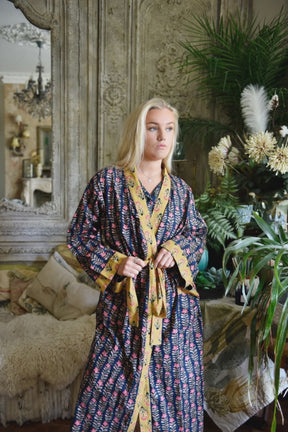 Navy Blue & Pink Lily Vertical Block Print Dressing Gown