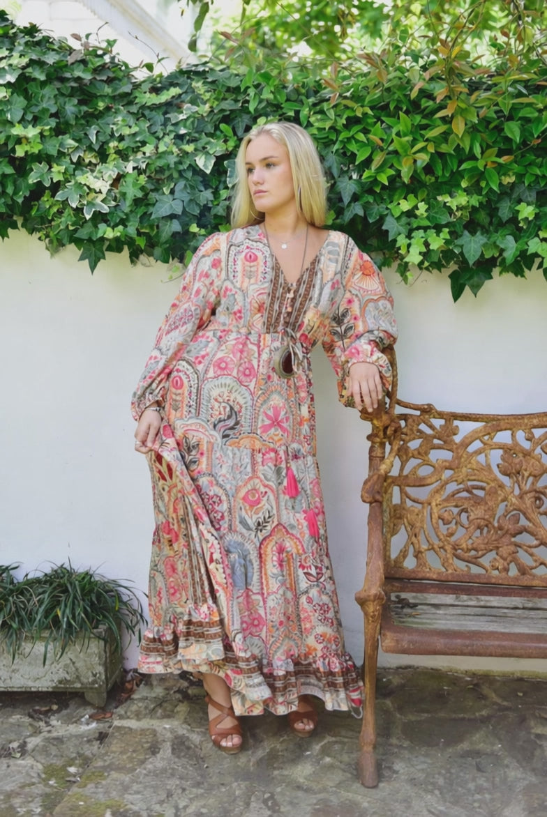Tuuli, Cream, Orange, Pink & Brown Floral Viscose Long Sleeve Dress