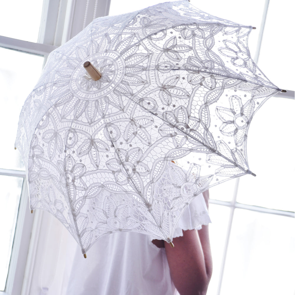 Ladies White Lace Battenburg Parasol
